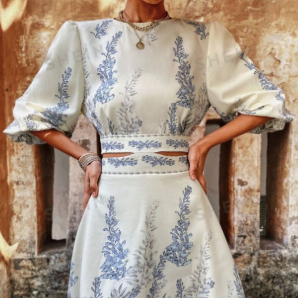 NWOT Cream Cutout Dress with Blue Floral Print, Size M, Back Tie Lantern Sleeve